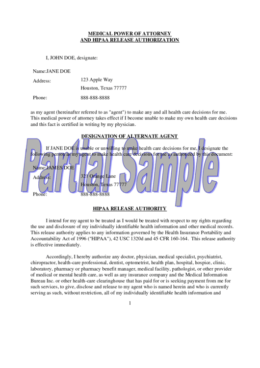 Medical Power Of Attorney And Hipaa Release Authorization Printable Pdf