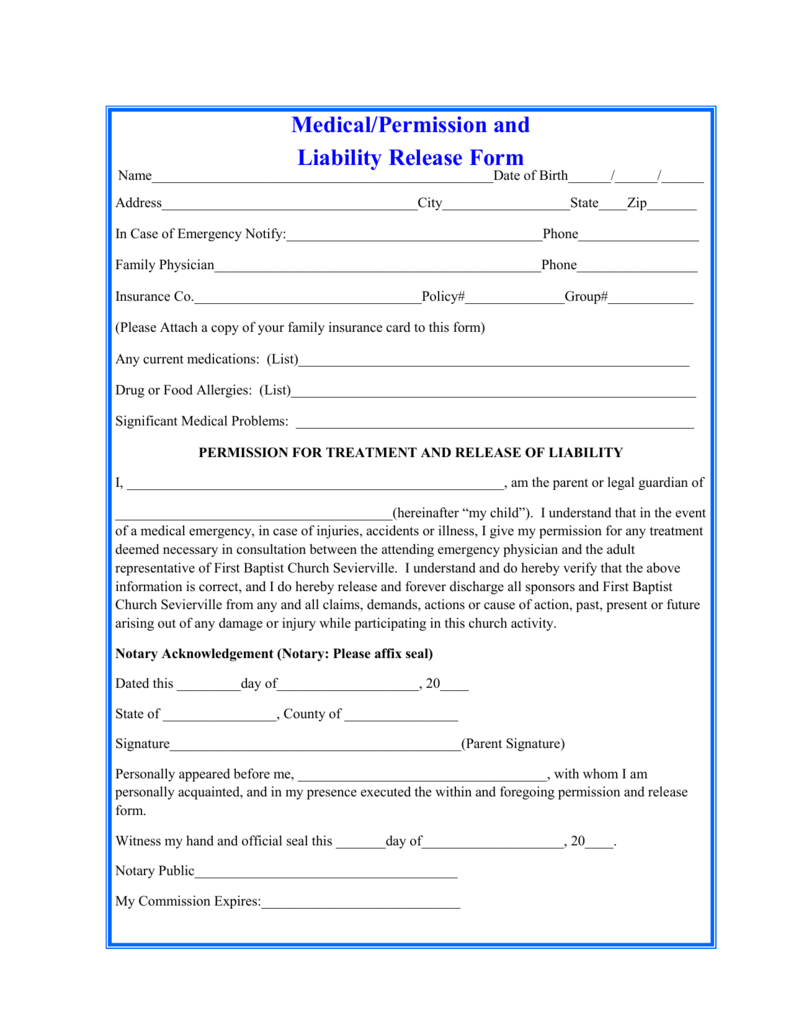 Medical Release Form First Baptist Church Of Sevierville