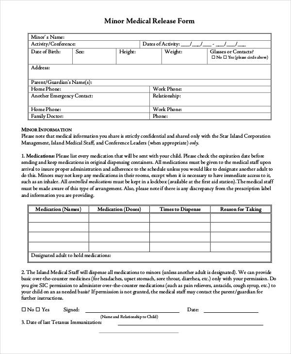 Medical Release Form For Minor Printable Printable Forms Free Online