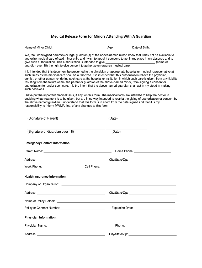 Medical Release Form For Minors Attending With A Guardian Fill And 