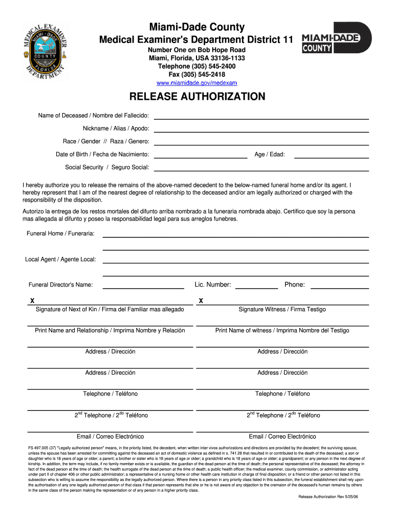 Miami Dade Medical Examiner Release Form Fill Out Sign Online DocHub