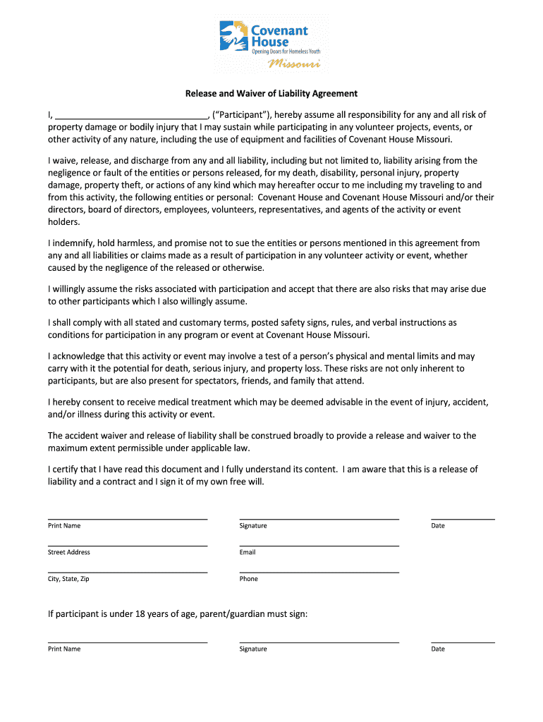 MO Covenant House Release And Waiver Of Liability Agreement Fill And