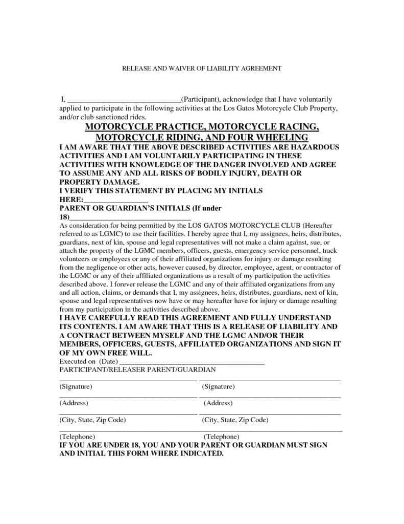 Motorcycle Liability Release Form With Images Criminal Background 