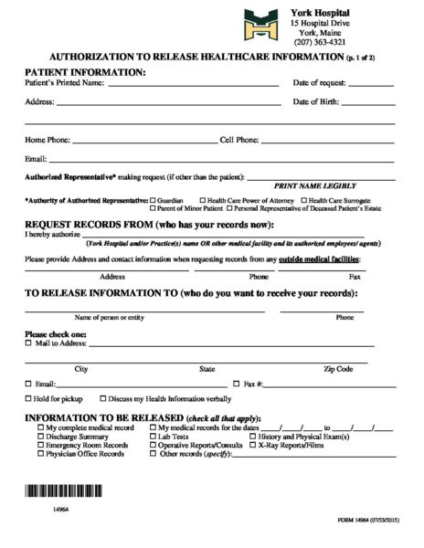 NEW FORM York Hospital Authorization To Release Healthcare Information 