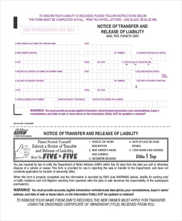 Notice Of Transfer And Release Of Liability Form Pdf ReleaseForm