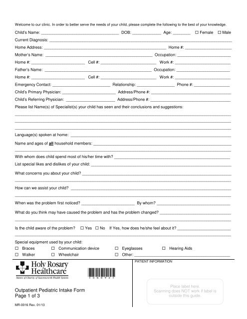 Outpatient Pediatric Intake Form Page 1 Of 3 Holy Rosary Healthcare