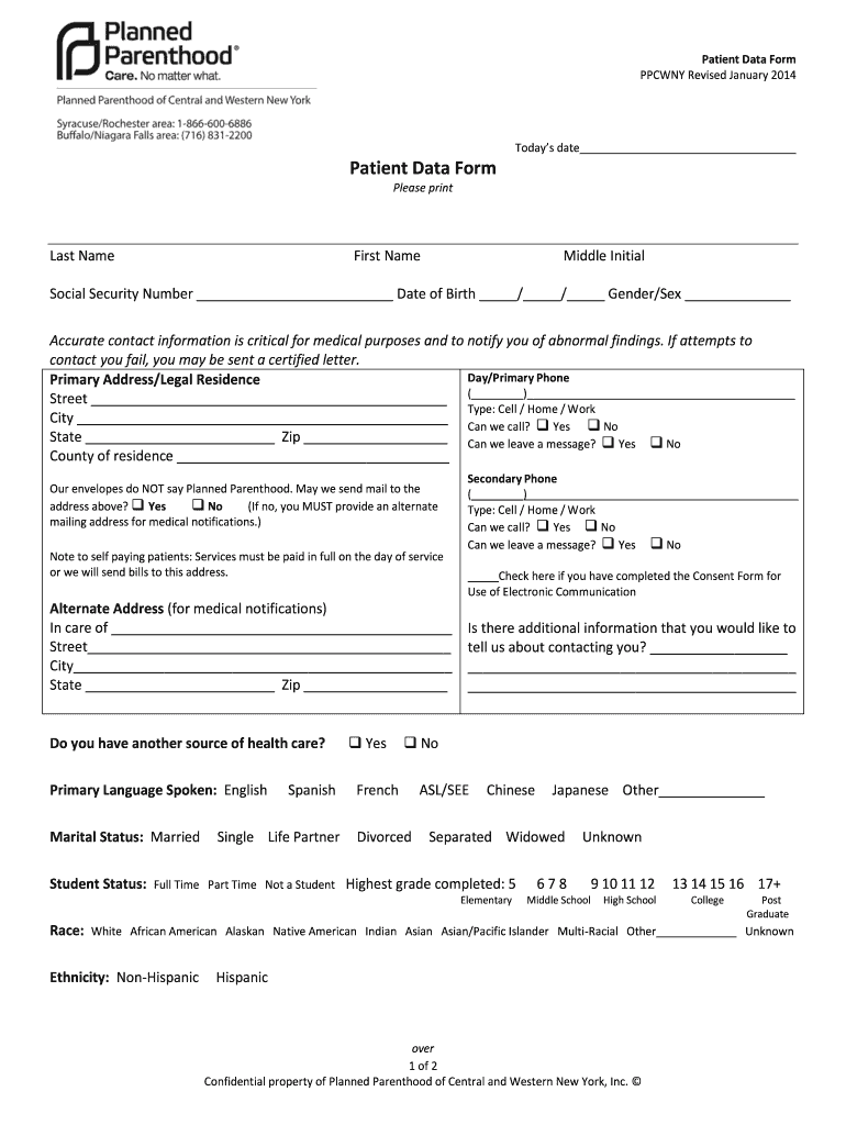 Patient Data Collection Form For PAWN Revised January 2014 DocHub