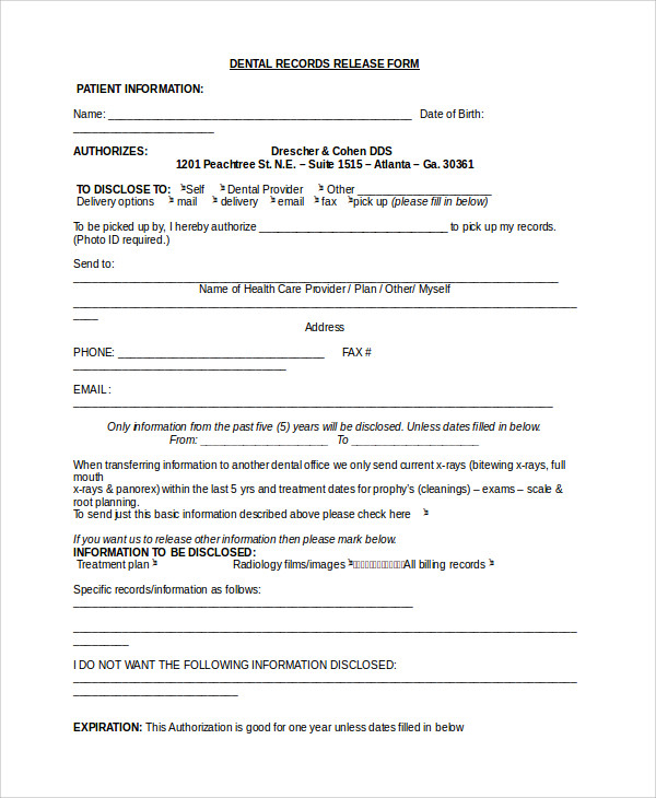 Printable Medical Records Release Form