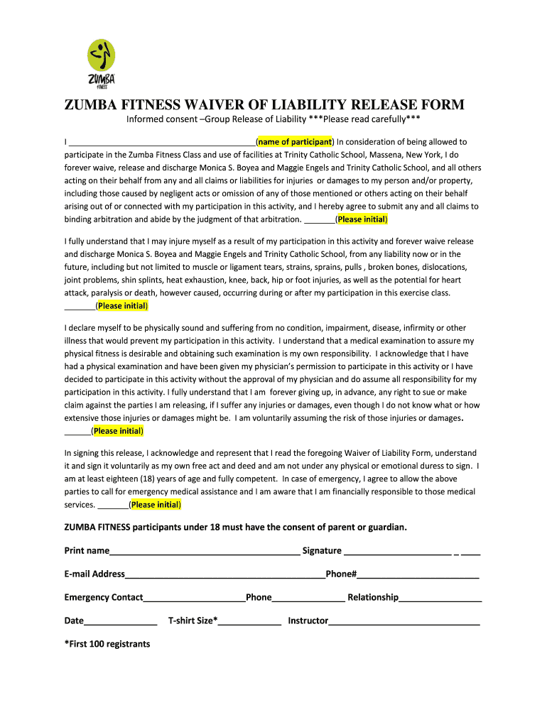 Printable Zumba Waiver Form Fill Online Printable Fillable Blank