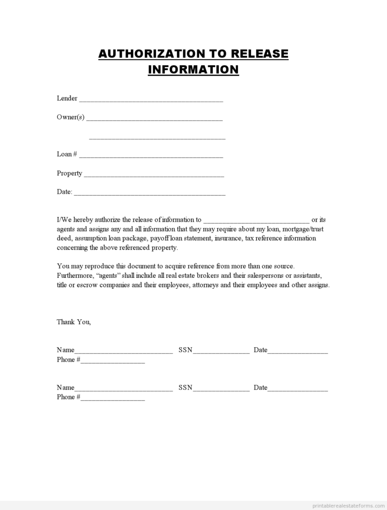Release Of Information Forms Printable BLANK TEMPLATE 