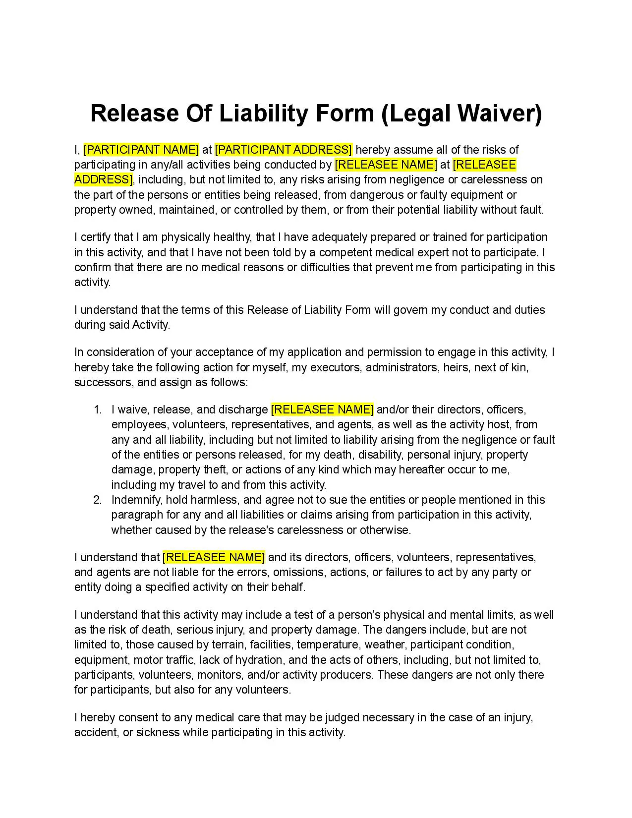 Release Of Liability Form Legal Waiver Template Free Download