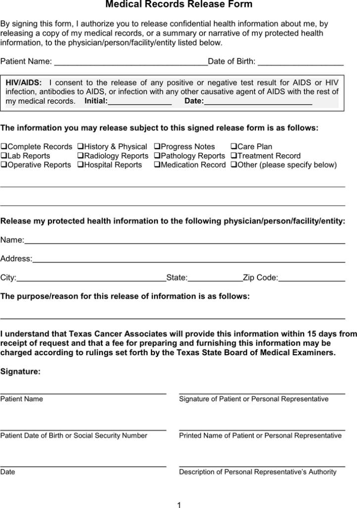 Texas Medical Records Release Form Download Free Printable Blank Legal 