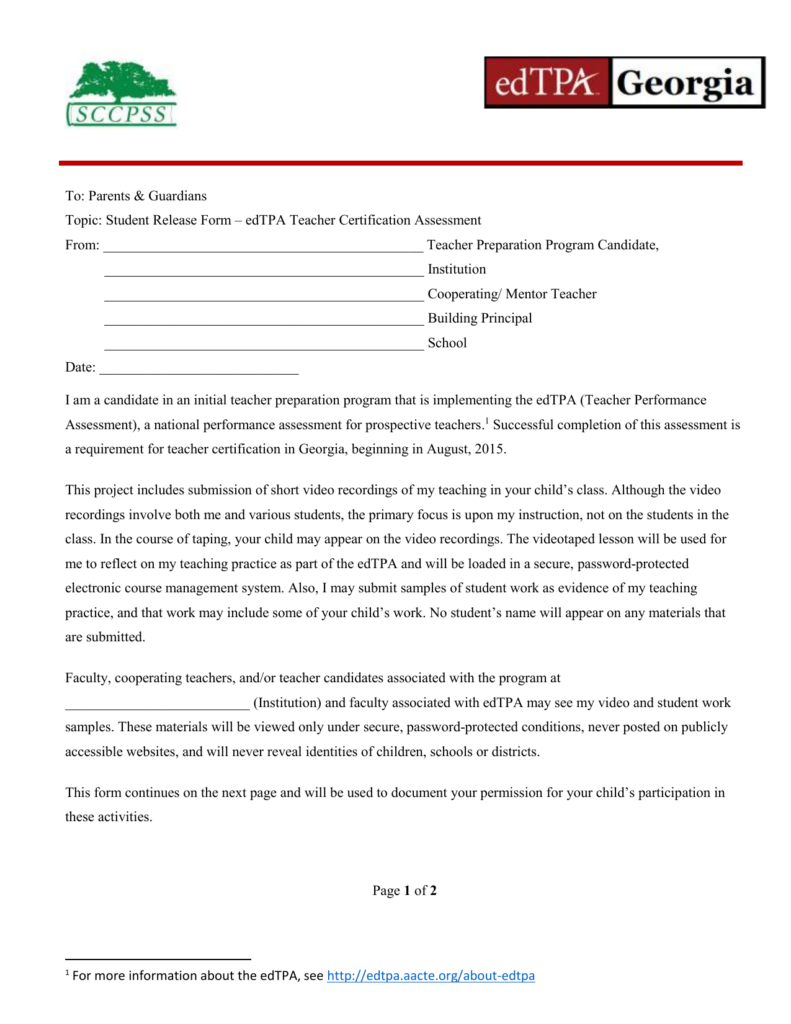 To Parents Guardians Topic Student Release Form EdTPA