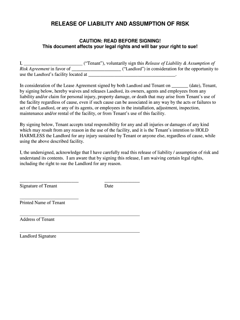 Waiver And Release Of Liability Rental Agreement Printable Pdf Download 