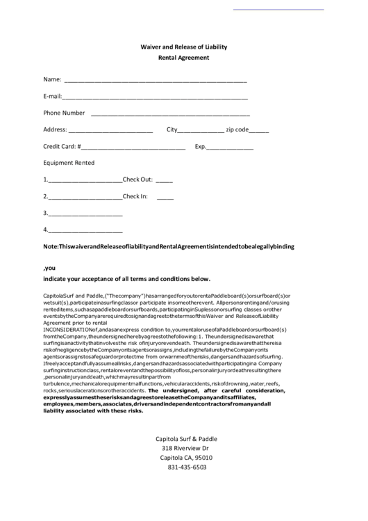 Waiver And Release Of Liability Rental Agreement Printable Pdf Download