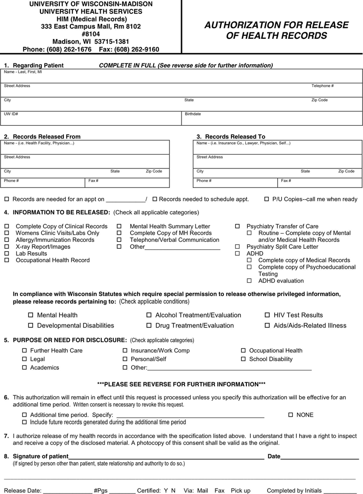 Wisconsin Medical Records Release Form Download Free Printable Blank
